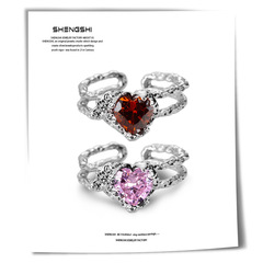 韓版ins設計感小眾愛心肌理鑲嵌粉鑽高級感開口戒指女不掉色飾品