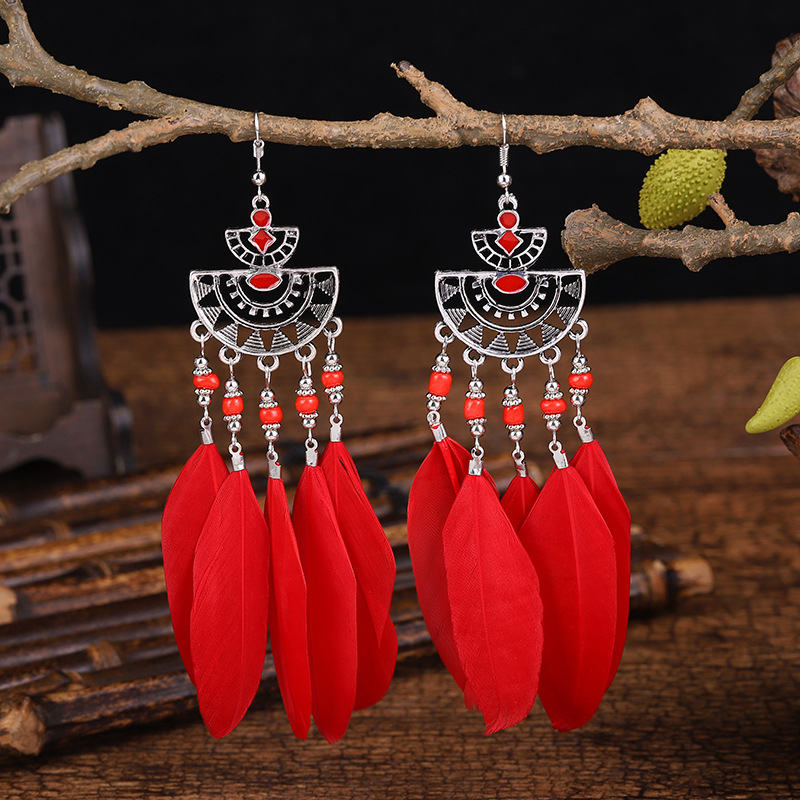 Fashion Feather Earrings Women's Beads Tassel Long Bohemian Jewelry display picture 2