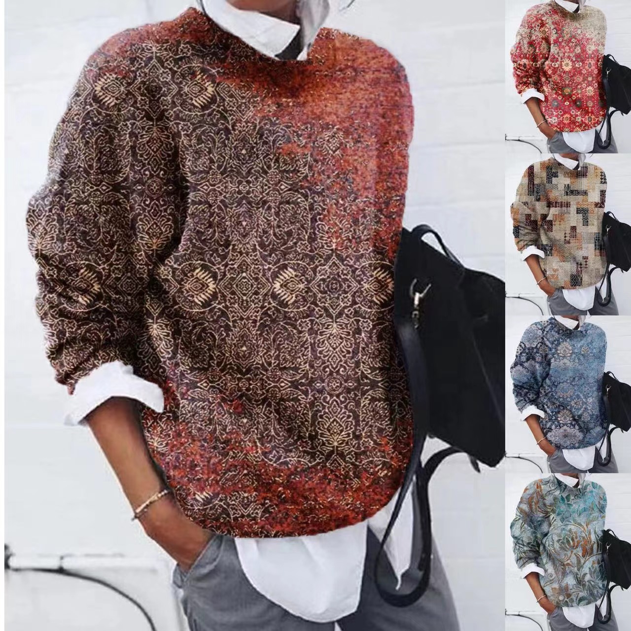 #9431 Europe and the United States cross-border Amazon wish foreign trade women's fashion sanding geometric printing loose long sleeve sweater