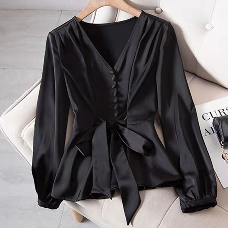 Blusa Plus Size com Decote em V - Top Modelador que Controla a Barriga, Blusa Elegante de Manga Longa com Definição da Cintura (Preta, Tamanhos G-4XG, Mistura de Poliéster)_voghion.com
