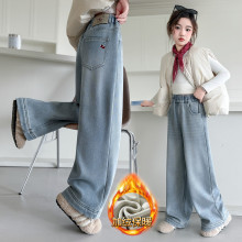 女童牛仔裤2025冬季新款儿童加绒加厚阔腿裤中大童直筒裤秋冬长裤