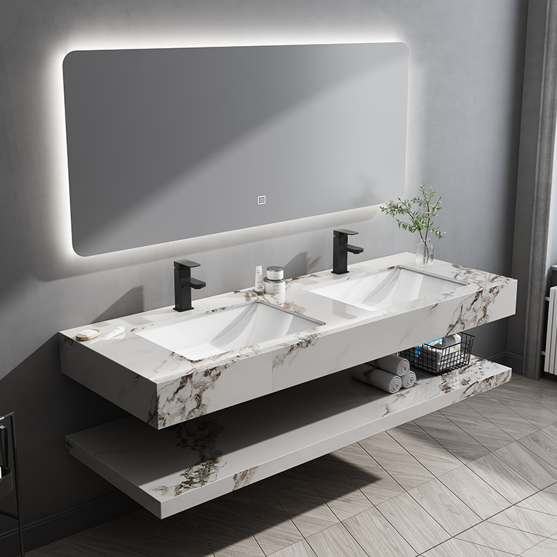 Oso pequeño espejo inteligente lavabo de cerámica de placa de roca gabinete de baño conjunto conjunto de baño lavabo de doble capa lavabo lavabo sin costuras