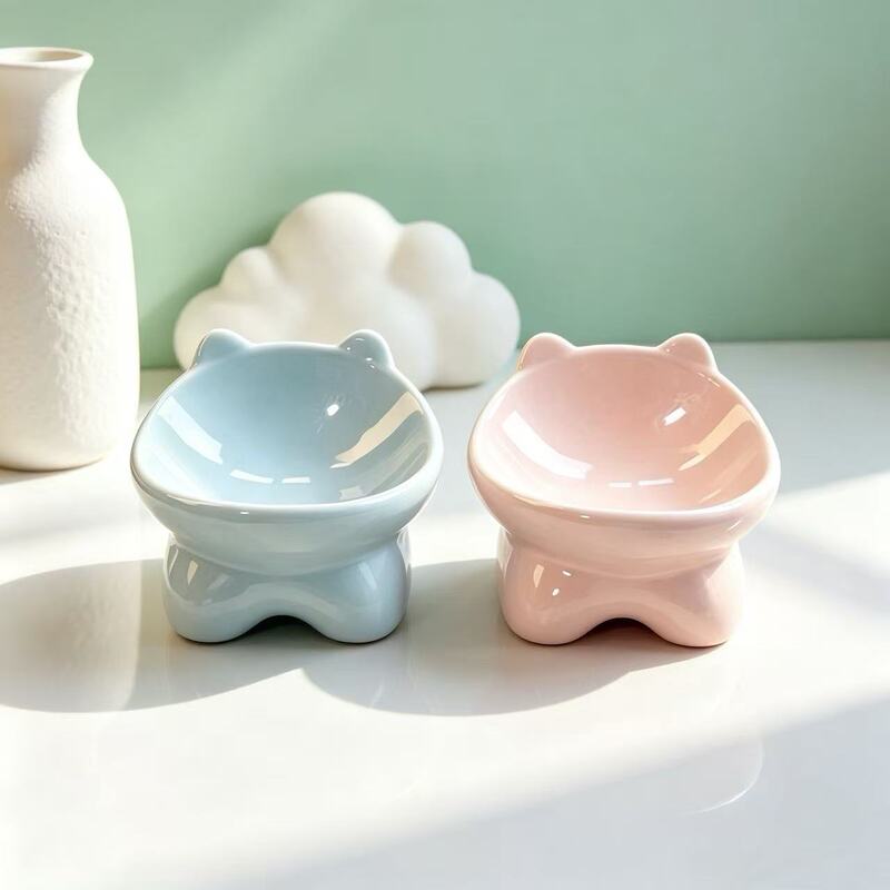 Ceramic Cat Ear-Shaped Bowl, Pet Food Bowl with Tilted Mouth, Cute Dog Bowl, High-Legged Neck-Protecting Water and Food Bowl, Pet Bowl Ceramic Cat Ear-Shaped Bowl, Pet Food Bowl with Tilted Mouth, Cute Dog Bowl, High-Legged Neck-Protecting Water and Food Bowl, Pet Bowl