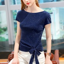 短袖t恤女欧洲站女装2025新款亮丝网纱打底衫气质一字肩系带上衣