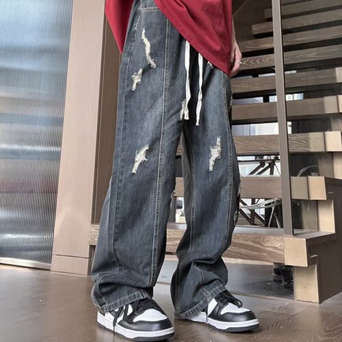 Washed-out denim jeans with an American streetwear vibe, cool and rebellious pants, autumn trendy brand, versatile and loose straight-leg 9/10 pants