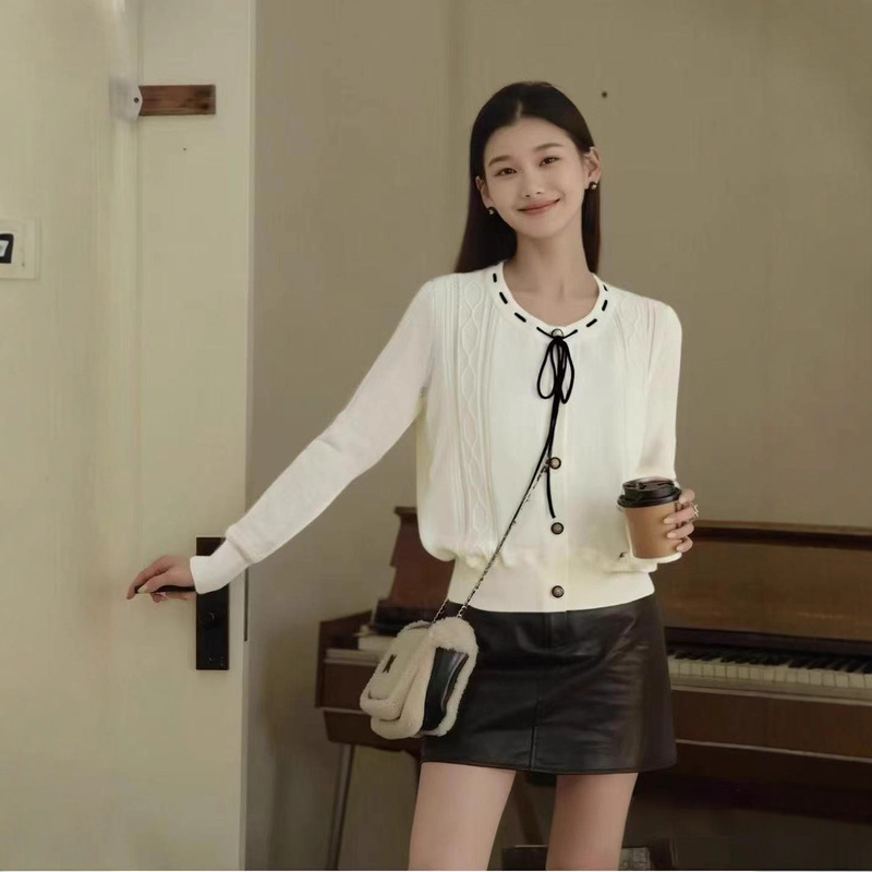 早秋新款韩版小香风圆领蝴蝶结绑带纹理针织长袖开衫上衣女|undefined