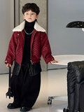 Красное кожаное пальто для мальчиков, осень 2025, новое стильное бархатное теплое детское кожаное пальто с лацканами, модное цельное, Прямая поставка