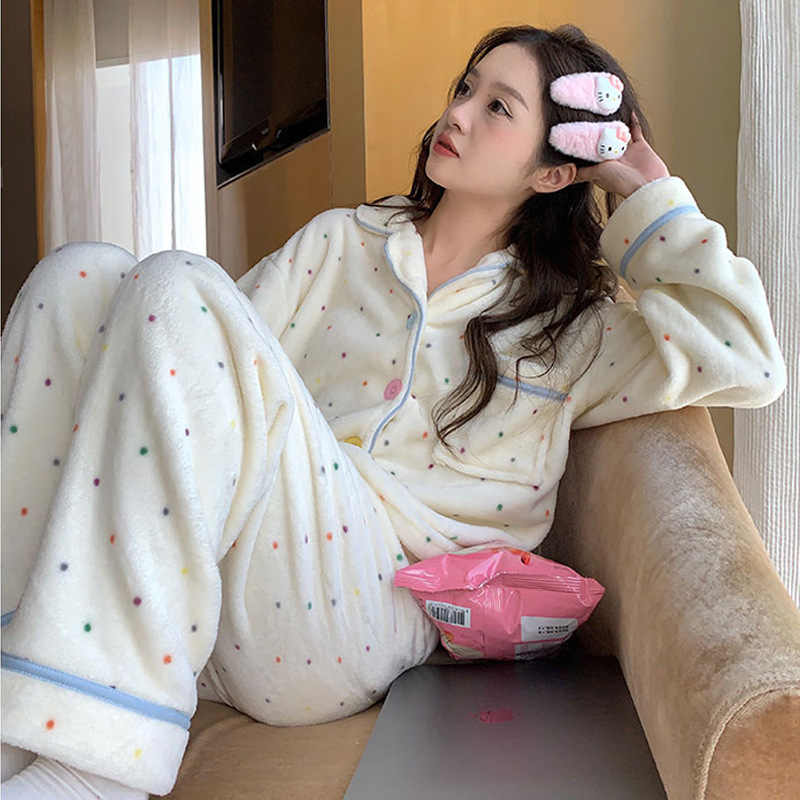 Pajamas for Women in Autumn and Winter, Coral Velvet 2025 New Style, Polka Dot Cute Cartoon Girl Flannel Fleece-Lined Thickened Set