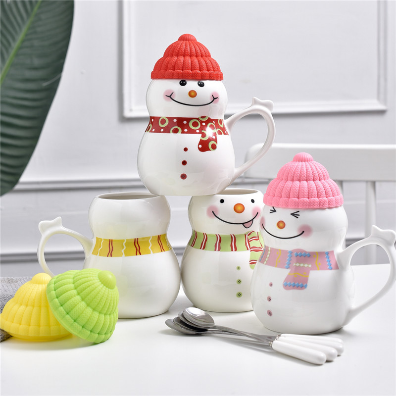Cute muñeco de nieve cerámica taza de café leche copas de agua regalos de invierno de Navidad tazas de chicas