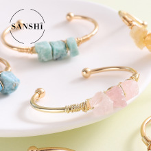 欧美轻奢天然石水晶铜手镯 水晶原石绕铜丝开口手镯原矿水晶手环