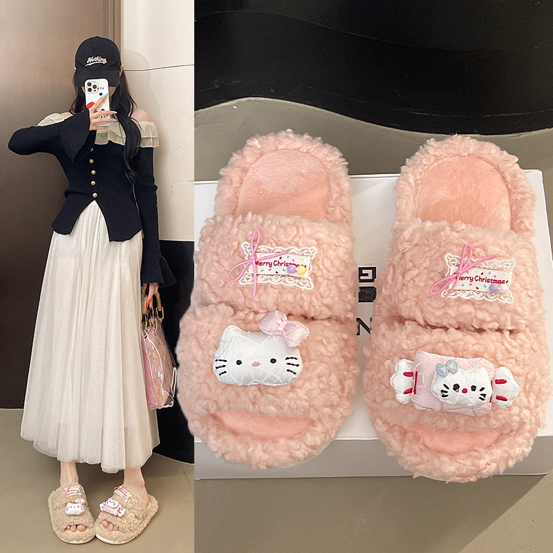 毛毛拖鞋女可爱卡通猫咪家居懒人棉拖冬季户外防滑保暖露趾一字拖|undefined