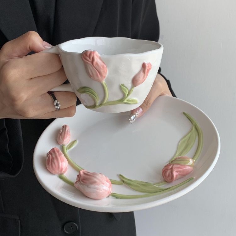 Tulip ceramic cup three-dimensional relief painted dessert plate high-looking breakfast dessert cake plate household tableware