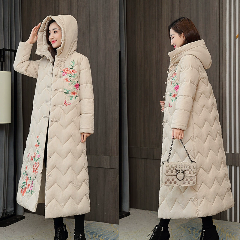Пуховое пальто с вышивкой в китайском стиле на хлопковой подкладке, женское новое длинное зимнее пальто выше колена, этническое утепленное пальто с капюшоном на хлопковой подкладке