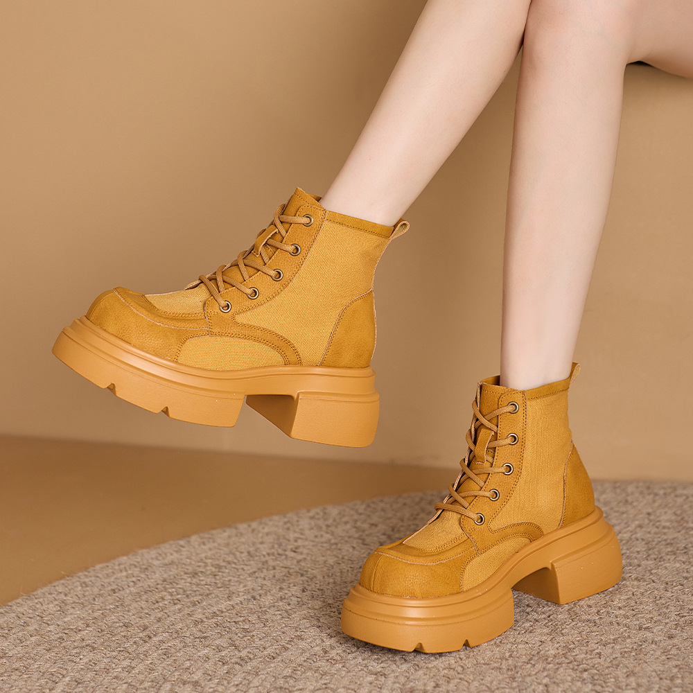 马丁靴女2025新款炸街真皮短靴休闲工装靴英伦风沙丁布大黄靴