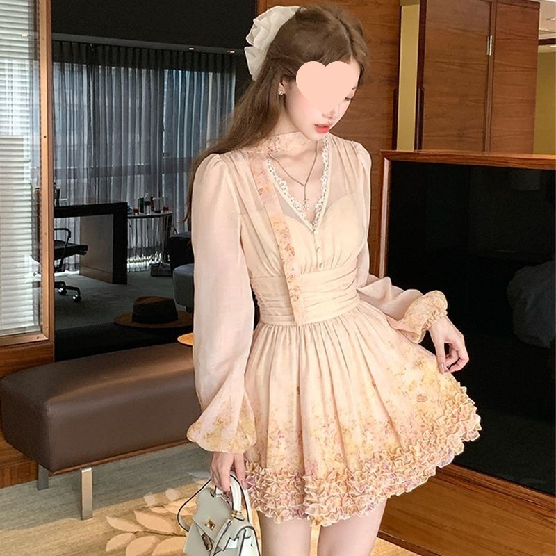 秋季新款女装小个子茶歇法式绝美气质高级感v领长袖碎花连衣裙子|undefined