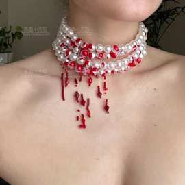 血滴珍珠Y2K炫酷嗜血四层树脂珍珠红珠吊坠多层项链颈链CHOKER