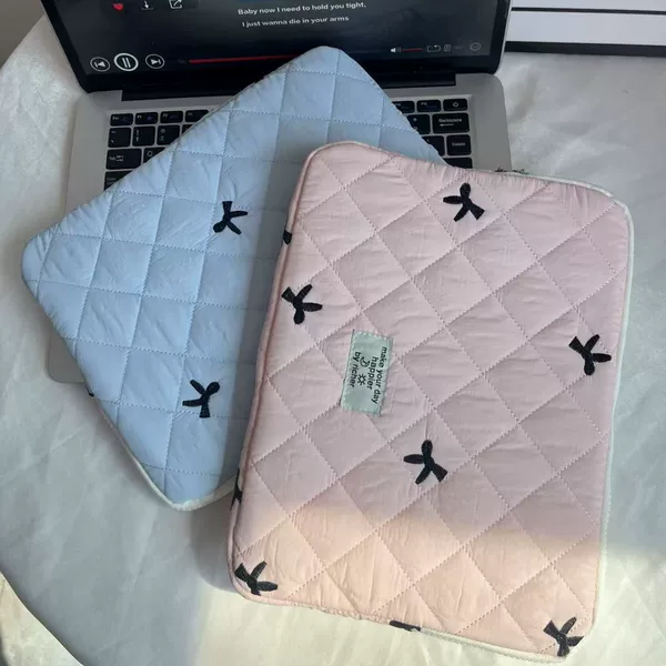 Cross-Border Korean Ins Tablet Storage Quilted Embroidered Bow 11/13/ 15inch Notebook Cosmetics Bag