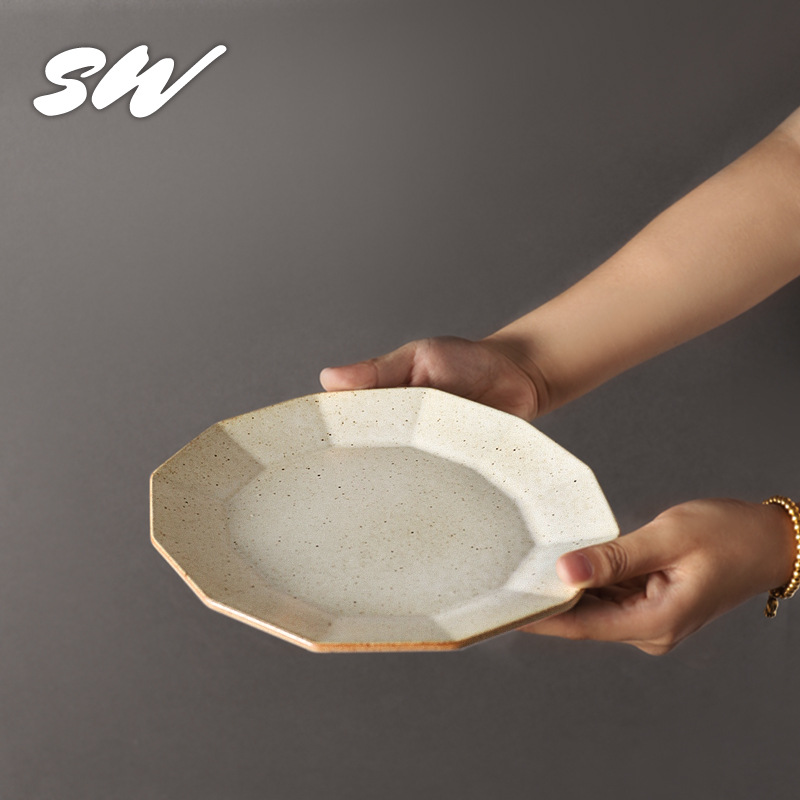 Sanwu 얕은 접시 가정용 다각형 디너 접시 수제 일본식 고가 세라믹 식기 접시 서양 스테이크 접시