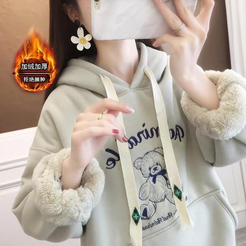2024 Autumn and Winter New Popular Hooded Arctic Velvet Fleece-Lined Thickeneded Sweatshirt Women's Heavy Embroidery Trendy New Style