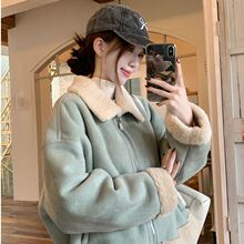 韩系羊羔毛绒皮毛一体卫衣女秋冬季气质高级感小香风加厚保暖外套