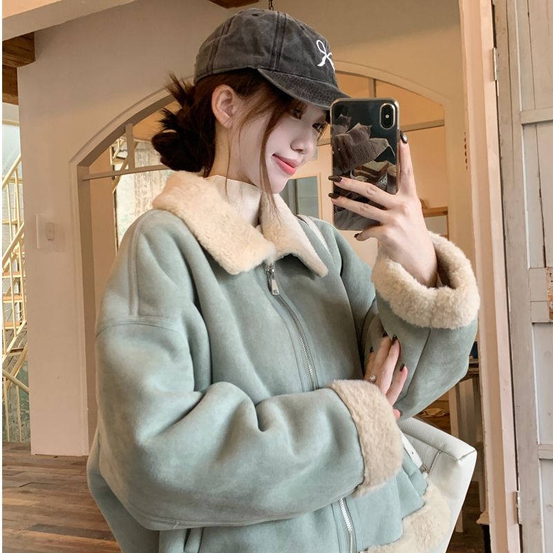 韩系羊羔毛绒皮毛一体卫衣女秋冬季气质高级感小香风加厚保暖外套