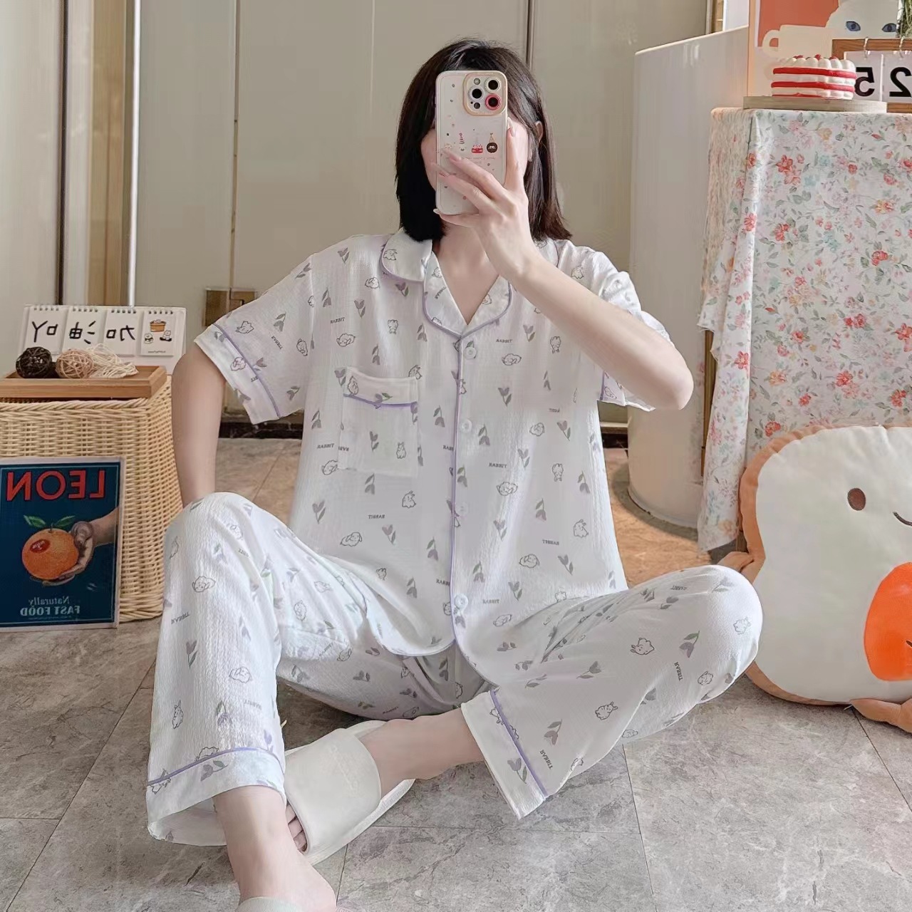 Pajamas de espuma tejidos de verano de algodón pantalones largos de mangas cortas ropa para el hogar de verano delgada de algodón conjunto de dos piezas