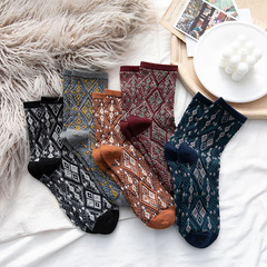 中筒襪子女秋季新款日系復古ins潮菱格個性民族風時尚潮流堆堆襪