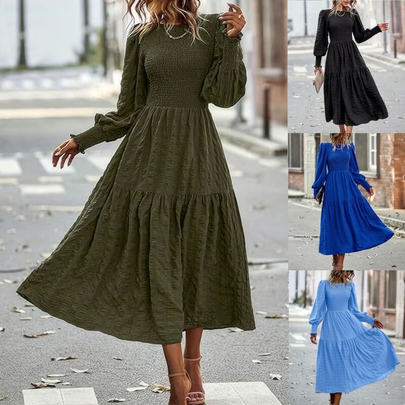 2024 AliExpress Autumn and Winter New Women's Bohemian Style Round Neck Lantern Sleeve Long Sleeve Long Dress Casual dress