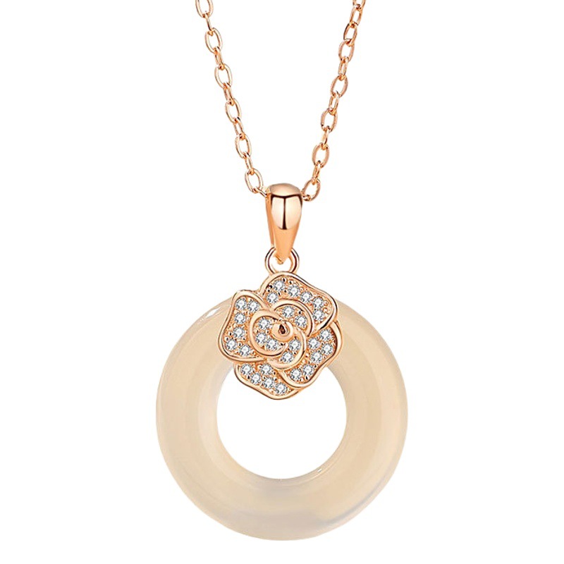 S925 plata blanco Jade hebilla de seguridad collar de las mujeres de moda nacional nuevo chino Rosa collar con diamante flor joyería al por mayor