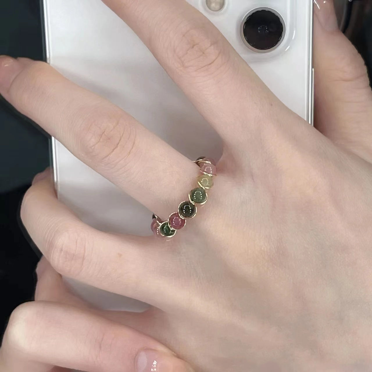 小紅書同款彩虹碧璽戒指時尚多寶串珠戒指女小眾ins高級感食指戒