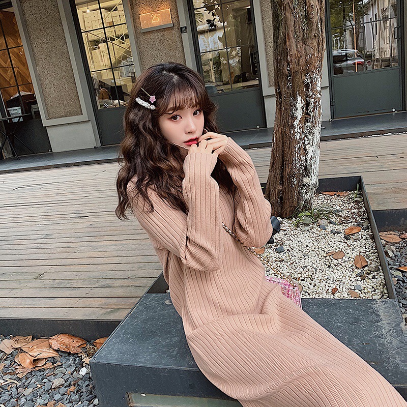 New Warm Color Women's High Neck Super Long Over-the-Knee Knitted Dress Loose Base Sweater Dress Long Dress with Overcoat