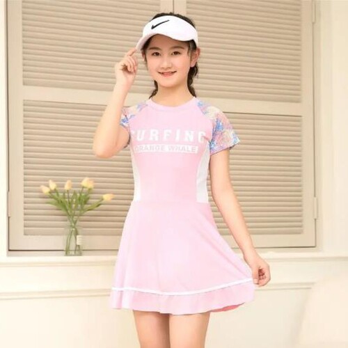 Trendy one-piece children's swimwear, stylish straight-leg girl student sports college-style hot spring short-sleeved swimsuit