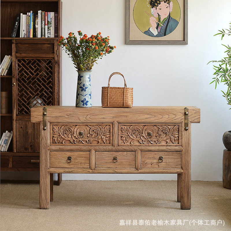 Chinese Old Elm Storage Cabinet Floor-Standing Solid Wood Restaurant Sideboard B&B Living Room Storage Cabinet Retro Sideboard