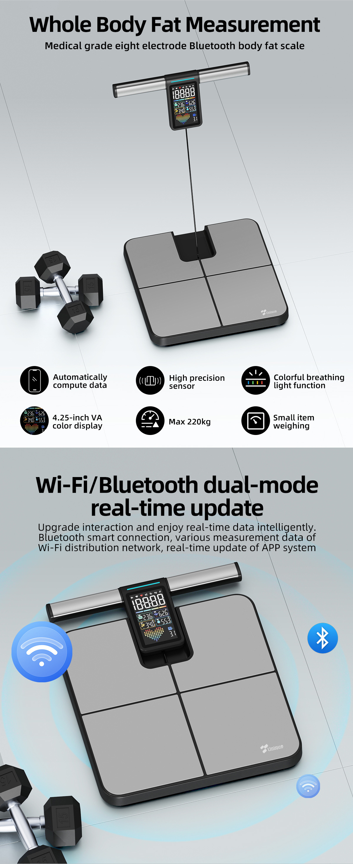 Fabrika Özel Sekiz Elektrot Vücut Yağ Tartısı Akıllı Bluetooth WIFI Ev Tipi Yağ Ölçer Hassas Kilo Tartısı App Bağlantılı
