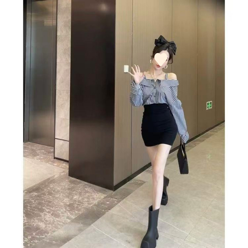 假两件拼接一字肩吊带长袖连衣裙女秋季新款短裙条纹衬衫裙子|undefined
