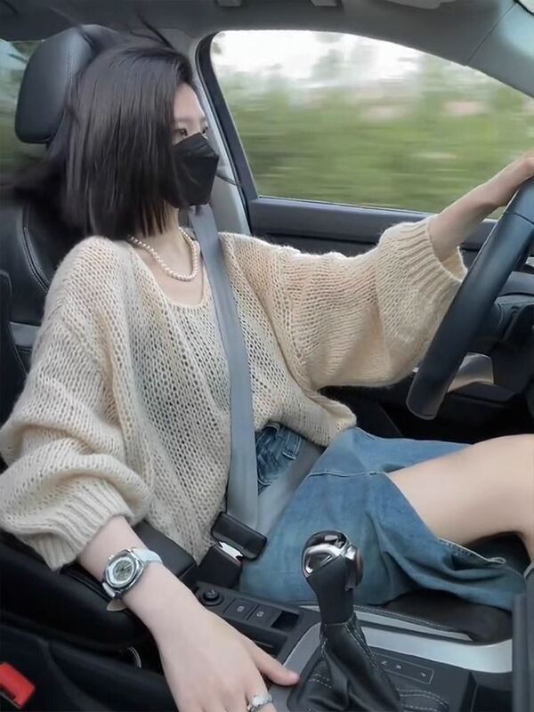 温柔软糯马海毛镂空针织衫女春秋慵懒韩版穿搭宽松毛衣罩衫上衣潮|undefined