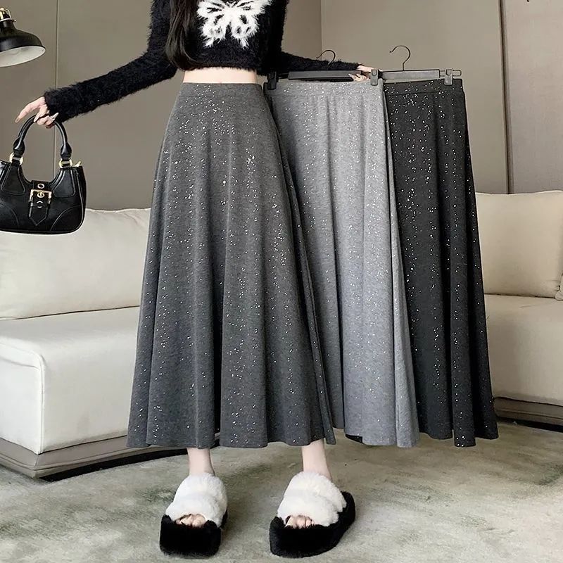 Atmospheric Fine Glitter A-Line Skirt for Women Early Autumn New Design Niche Draped High-Waisted Large Hem Skirt Long Skirt