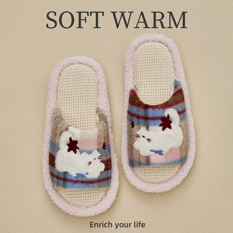 Adult Open-Toe Linen Slippers for Men, Spring and Autumn Indoor Home Antibacterial Cartoon Cotton and Linen Slippers for Women, Summer