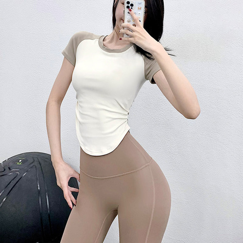 Women's Yoga Clothes Spring and Summer Retro Color Block Breathable Quick Dry Round Neck T-Shirt Slimming Arc Side Body Pleats Arc Hem