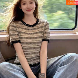 909现货减龄条纹复古亚麻天丝上衣不退换