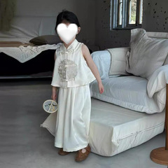 兒童新中式背心套裝2024夏季新款女童國風刺繡背心闊腿褲兩件套