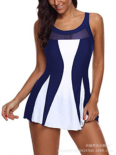Traje de Baño de Una Pieza con Falda para Mujer de Nailon con Control de Abdomen y Cuello en V