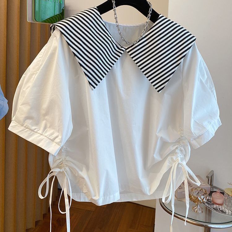 Korean-Style Design Niche Striped Turn-Down Collar Drawstring Hem Shirt for Women, Short Babydoll Shirt with Navy Doll Collar Top Korean-Style Design Niche Striped Turn-Down Collar Drawstring Hem Shirt for Women, Short Babydoll Shirt with Navy Doll Collar Top