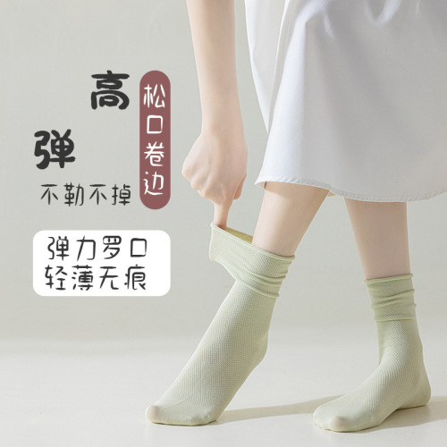 Cotton pile children's summer thin mesh eye crew socks cute Japanese style breathable boneless full cotton knee-high socks