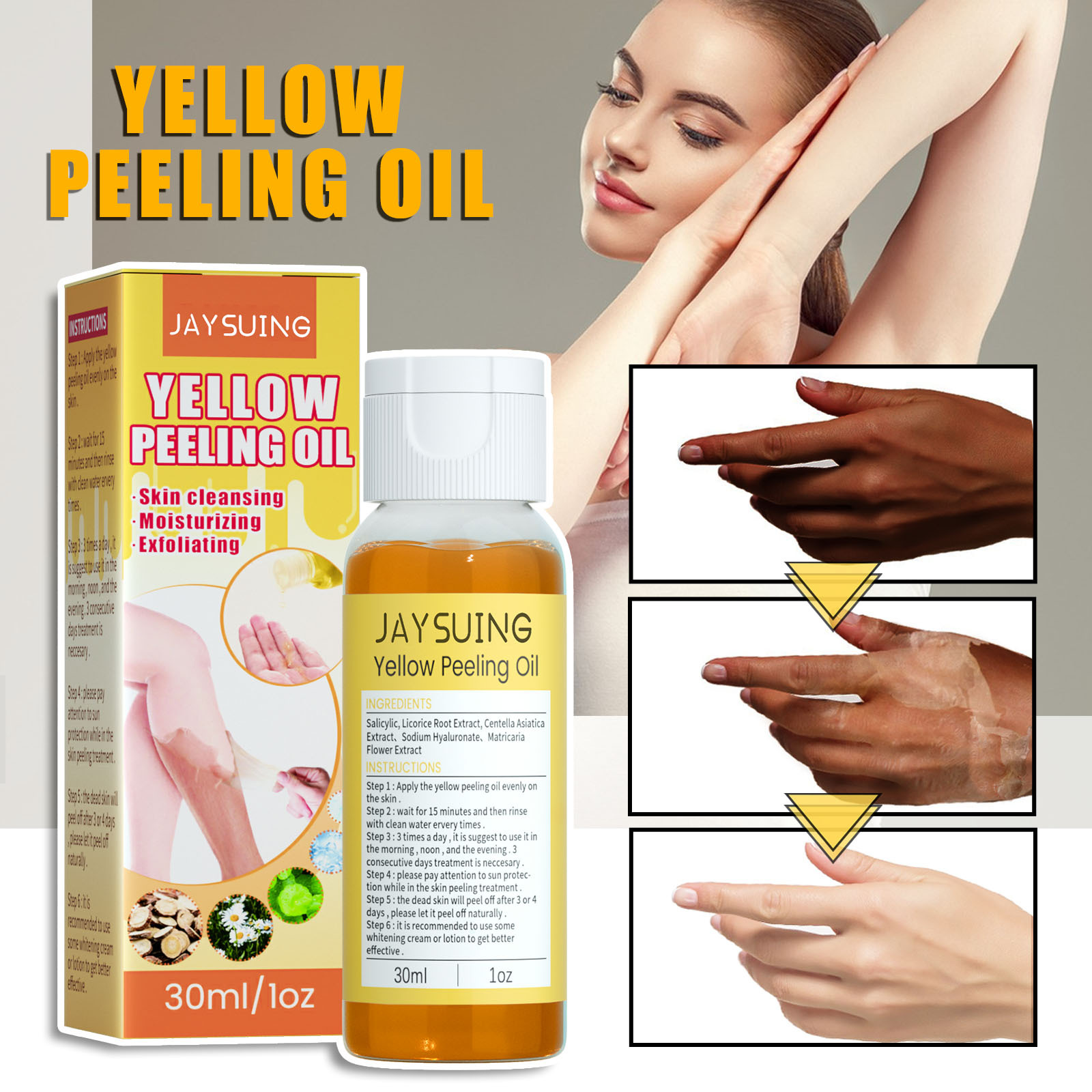 L'huile exfoliante pour la peau jaune Jaysuing hydrate la peau du corps, la rendant délicate, belle, blanche et tendre._voghion.com