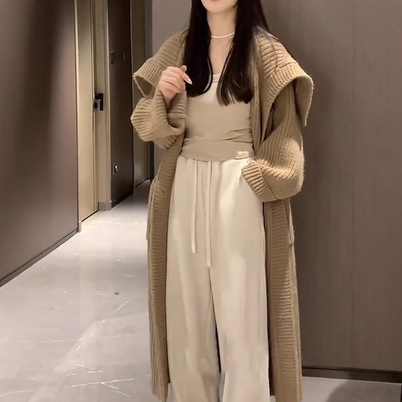 针织毛衣外套女款秋冬新款慵懒风宽松高级感翻领长款针织开衫大衣|undefined