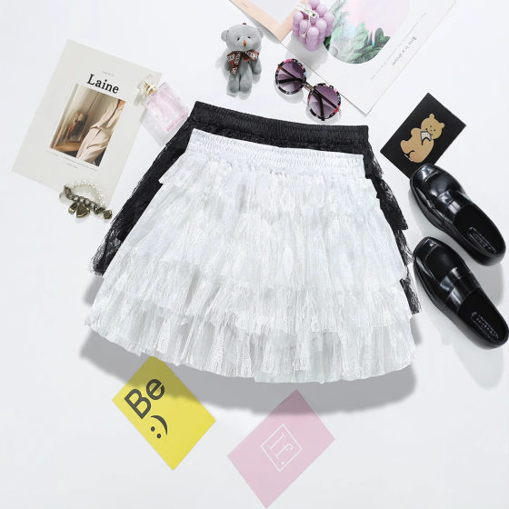 Ballet Style Hollow Crochet Layers Cake Skirt South Korea Dongdaemun Women's Clothing White Lace Stitching Fairy Skirt 9488