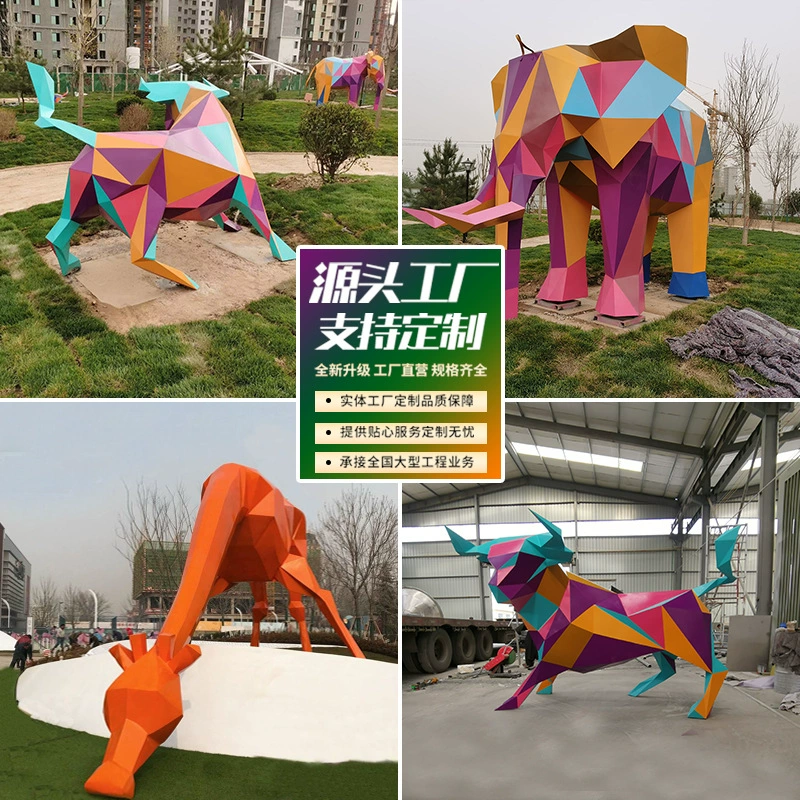 Геометрическая скульптура из нержавеющей стали, уличная живописная зона, квадратные большие граненые украшения в виде животных, скульптура из нержавеющей стали с пейзажным эскизом