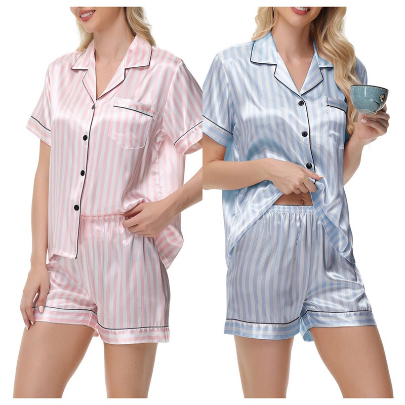 Cross-border e-commerce for Amazon AliExpress printed striped pajamas ladies long and short sleeve satin plus size home clothes Cross-border e-commerce for Amazon AliExpress printed striped pajamas ladies long and short sleeve satin plus size home clothes