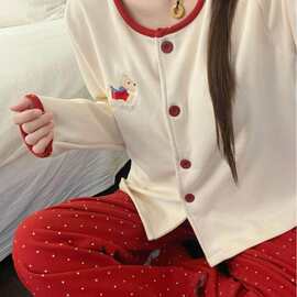 卡通可爱腊肠狗印花德绒睡衣女春秋季款舒适亲肤家居服套装可外穿